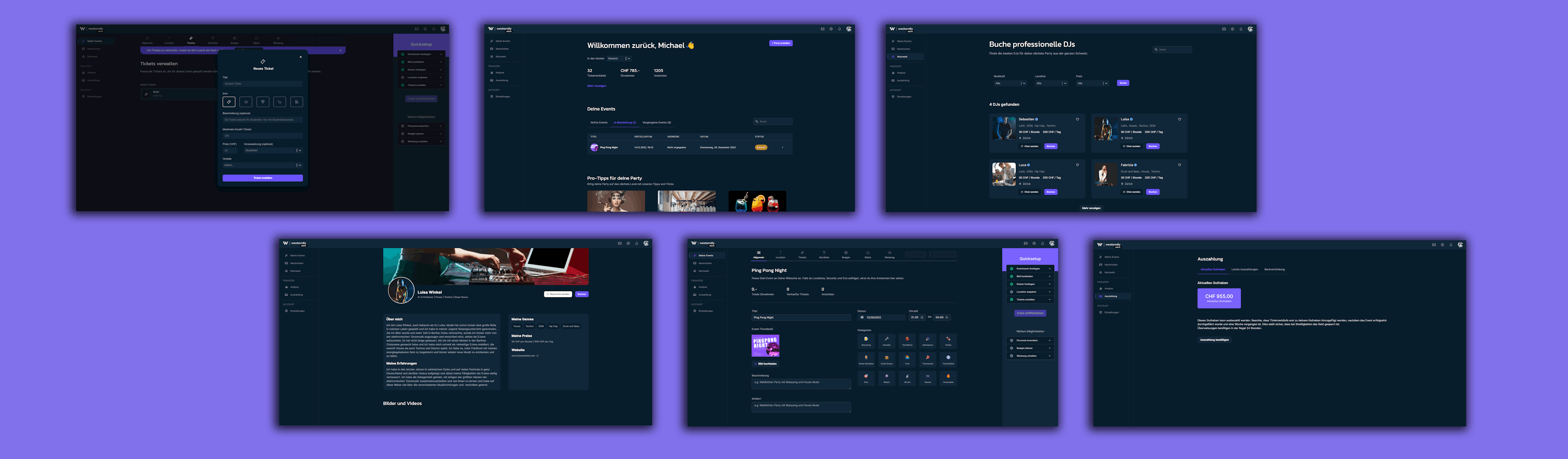 Screenshots der Event-Software von Weekendly