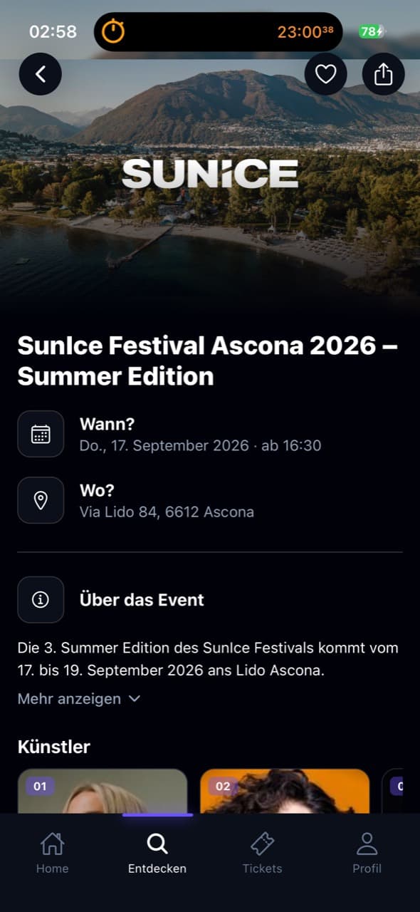 Weekendly App im iPhone: Details zum SunIce Festival Ascona